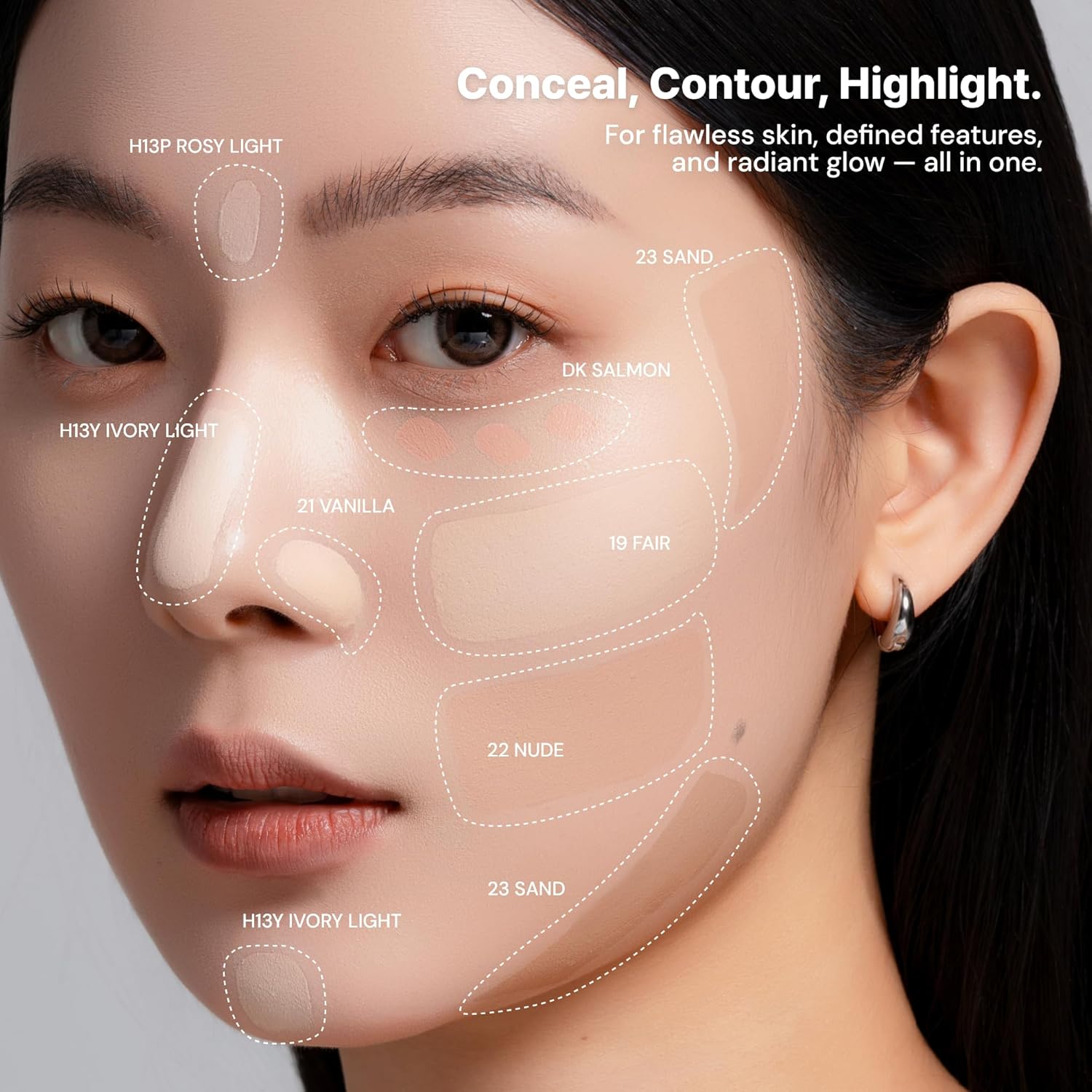 Cover Perfecting Mirror-Brushed Concealer - Natural Coverage, Radiant Finish, Crease-free & Long-lasting, Moisturizing Skin, Multi-Use, Korean Makeup, All Skin Types - H13Y Ivory Light